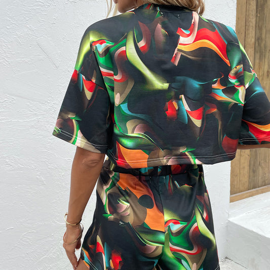 Printed Round Neck Dropped Shoulder Half Sleeve Top and Shorts Set  Outfit Sets- Doll Fits