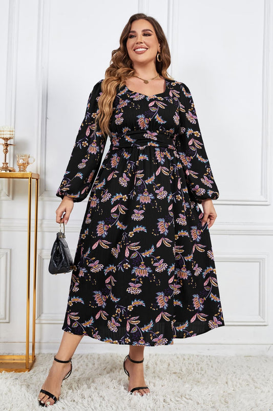 Melo Apparel Plus Size Floral Print Long Sleeve Midi Dress  Dresses- Doll Fits