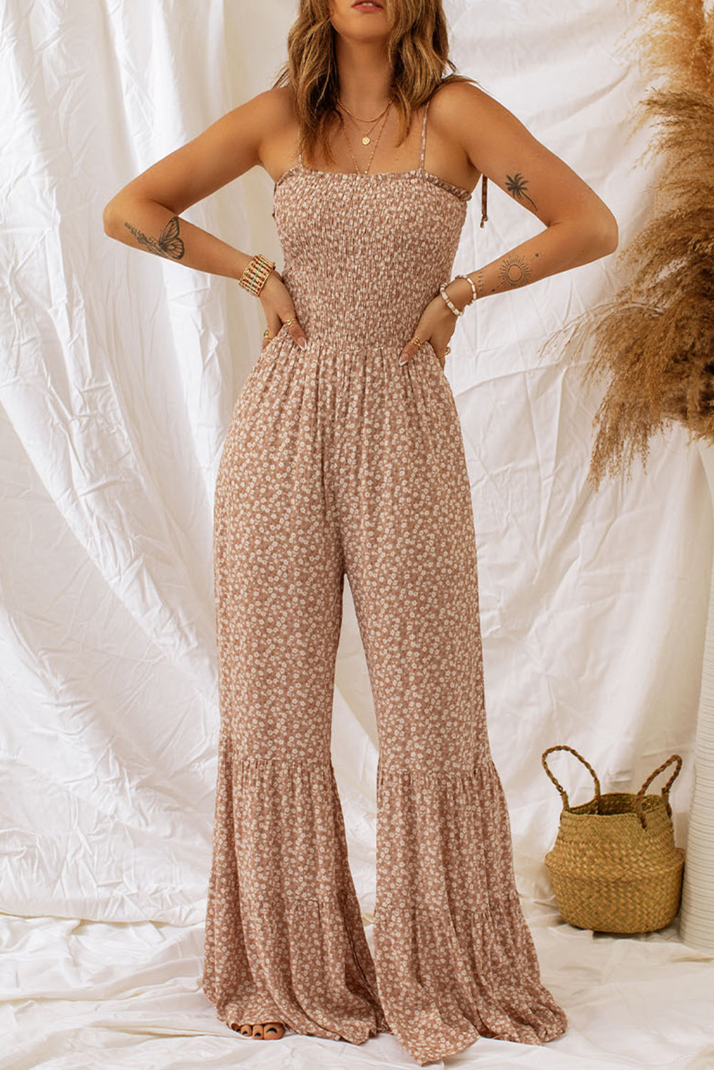 Floral Spaghetti Strap Smocked Wide Leg Jumpsuit  Jumpsuits & Rompers- Doll Fits