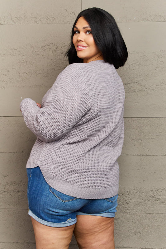 Zenana Breezy Days Plus Size High Low Waffle Knit Sweater  Shirts & Tops- Doll Fits