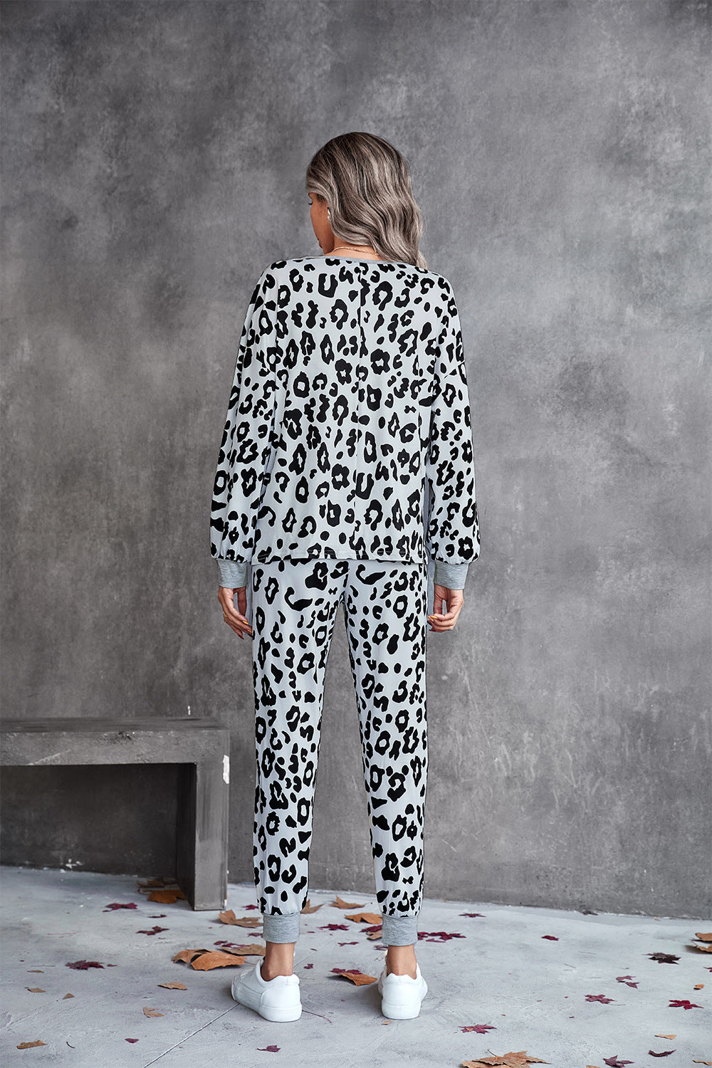 Leopard V-Neck Dropped Shoulder Loungewear Set  - Doll Fits