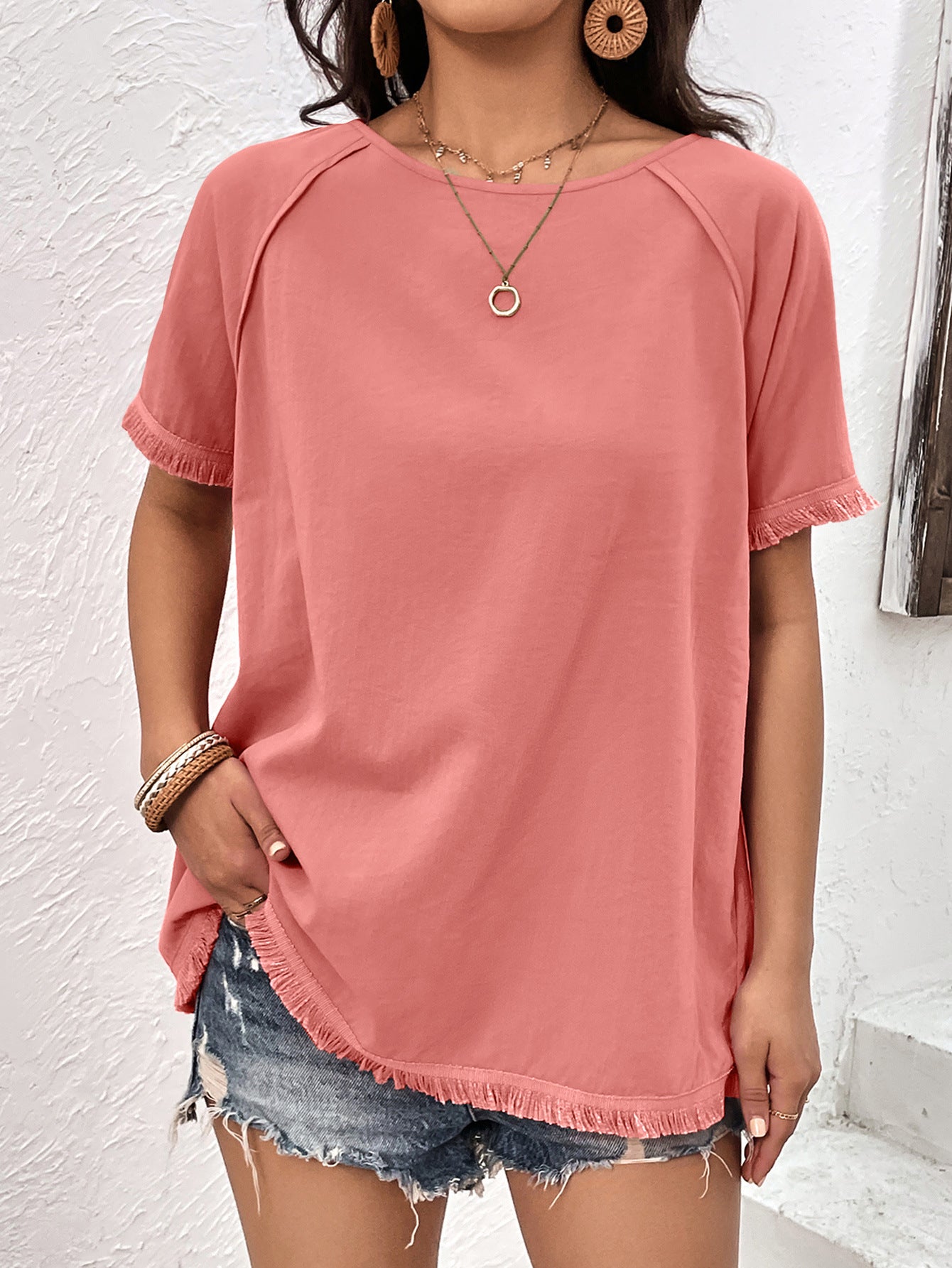 Round Neck Raglan Sleeve Fringe Detail Top  Shirts & Tops- Doll Fits