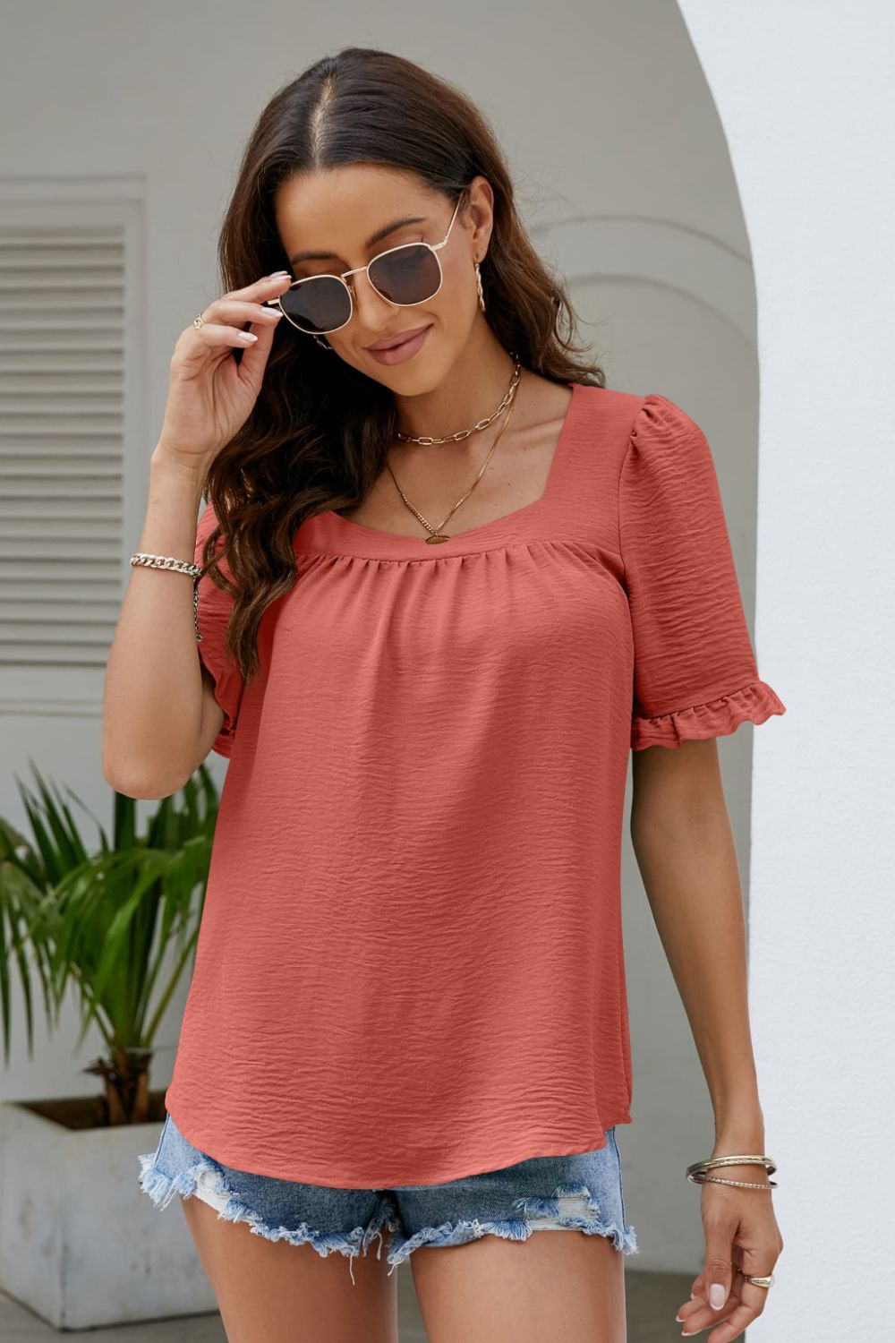 Frill Trim Puff Sleeve Square Neck Blouse  Shirts & Tops- Doll Fits