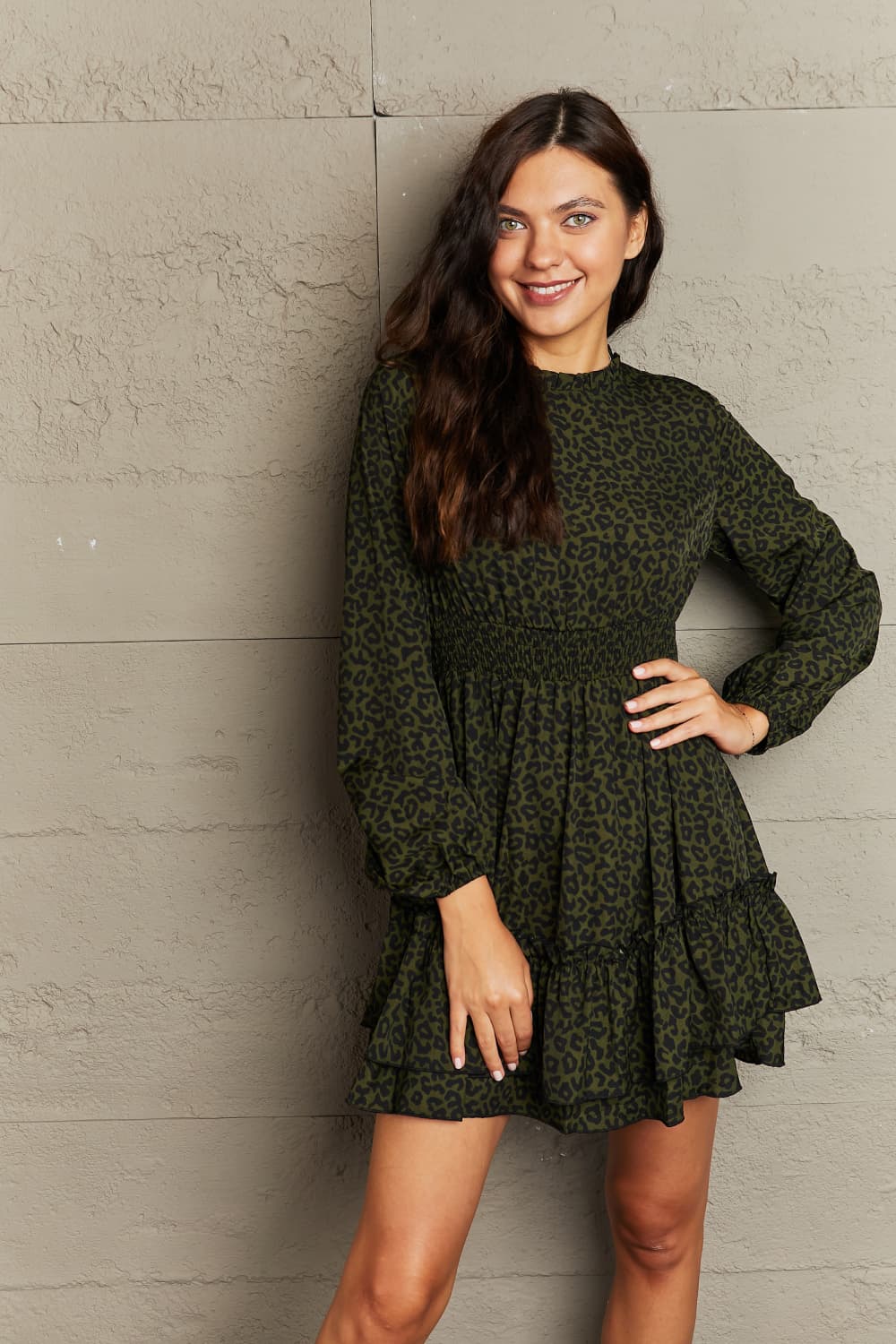 Leopard Smock Waist Long Sleeve Dress  Dresses- Doll Fits