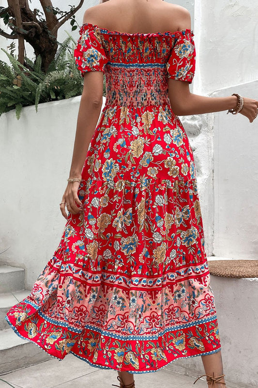 Floral Off-Shoulder Smocked Midi Dress  Dresses- Doll Fits