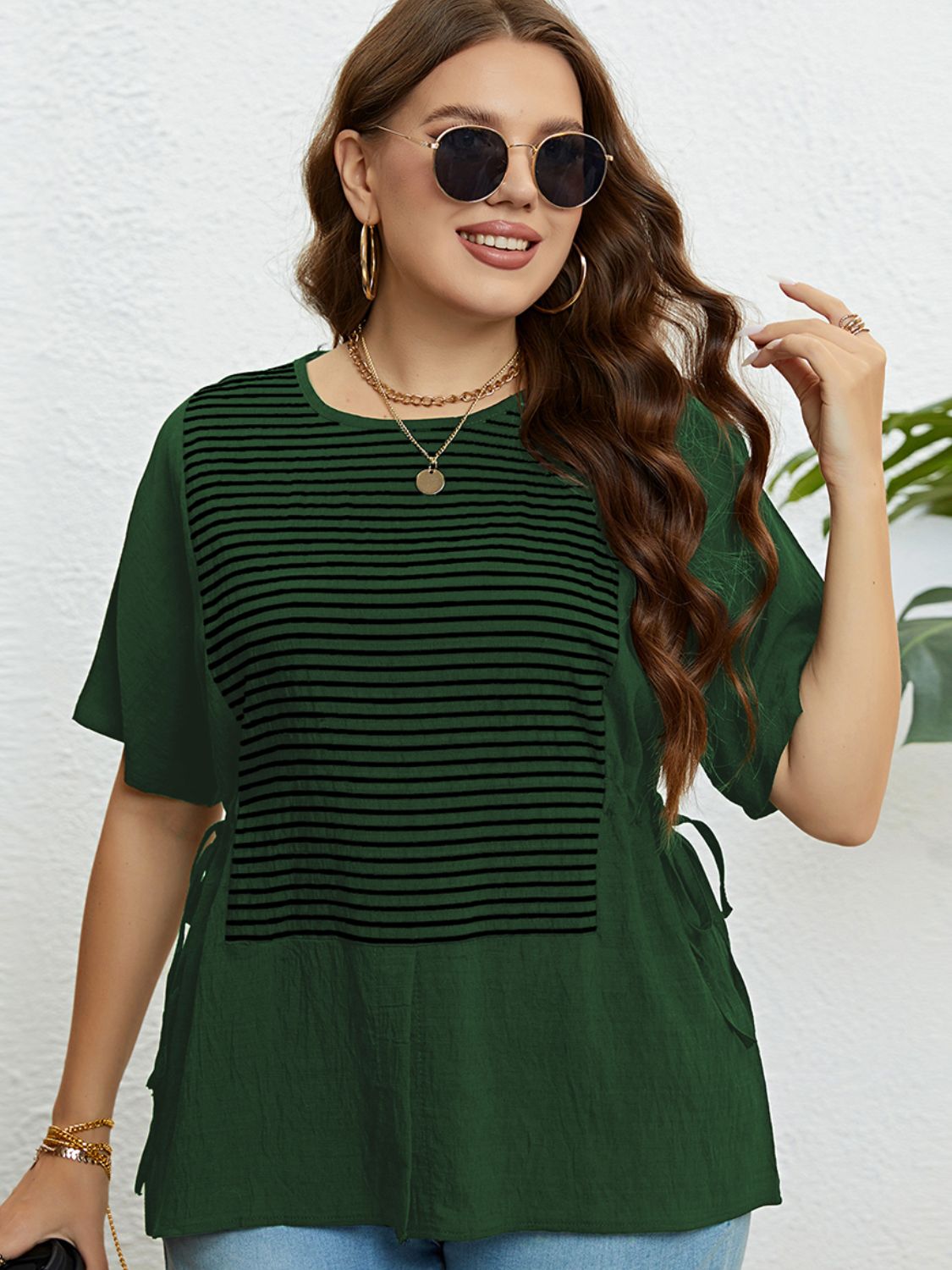 Plus Size Striped Drawstring Slit Top  Shirts & Tops- Doll Fits