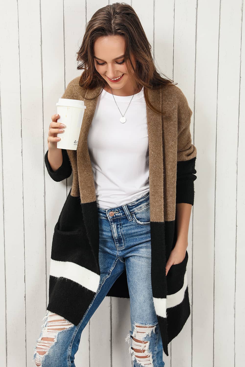 Color Block Dropped Shoulder Longline Cardigan  - Doll Fits