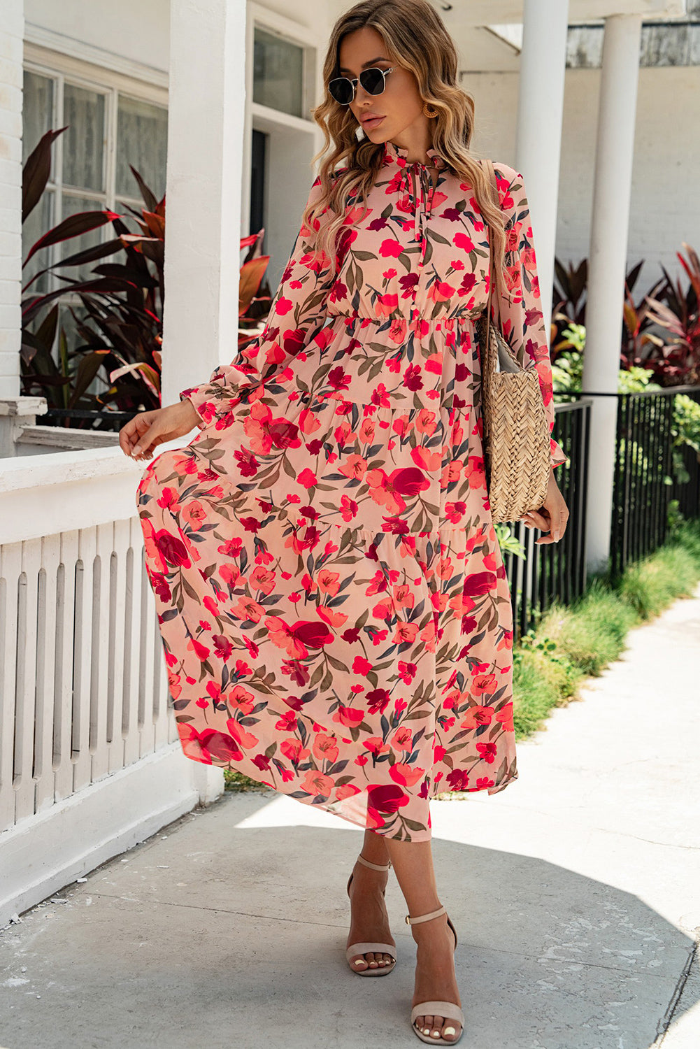 Floral Tie Neck Flounce Sleeve Tiered Dress  Dresses- Doll Fits