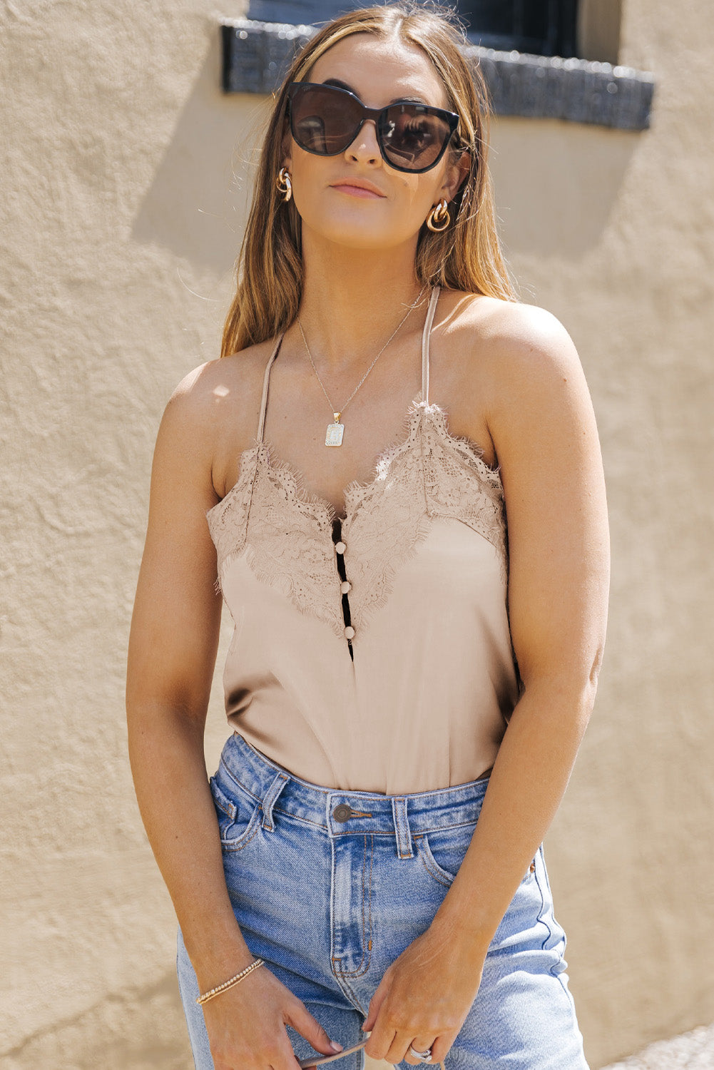 Lace Trim Buttoned Spaghetti Strap Bodysuit  Shirts & Tops- Doll Fits