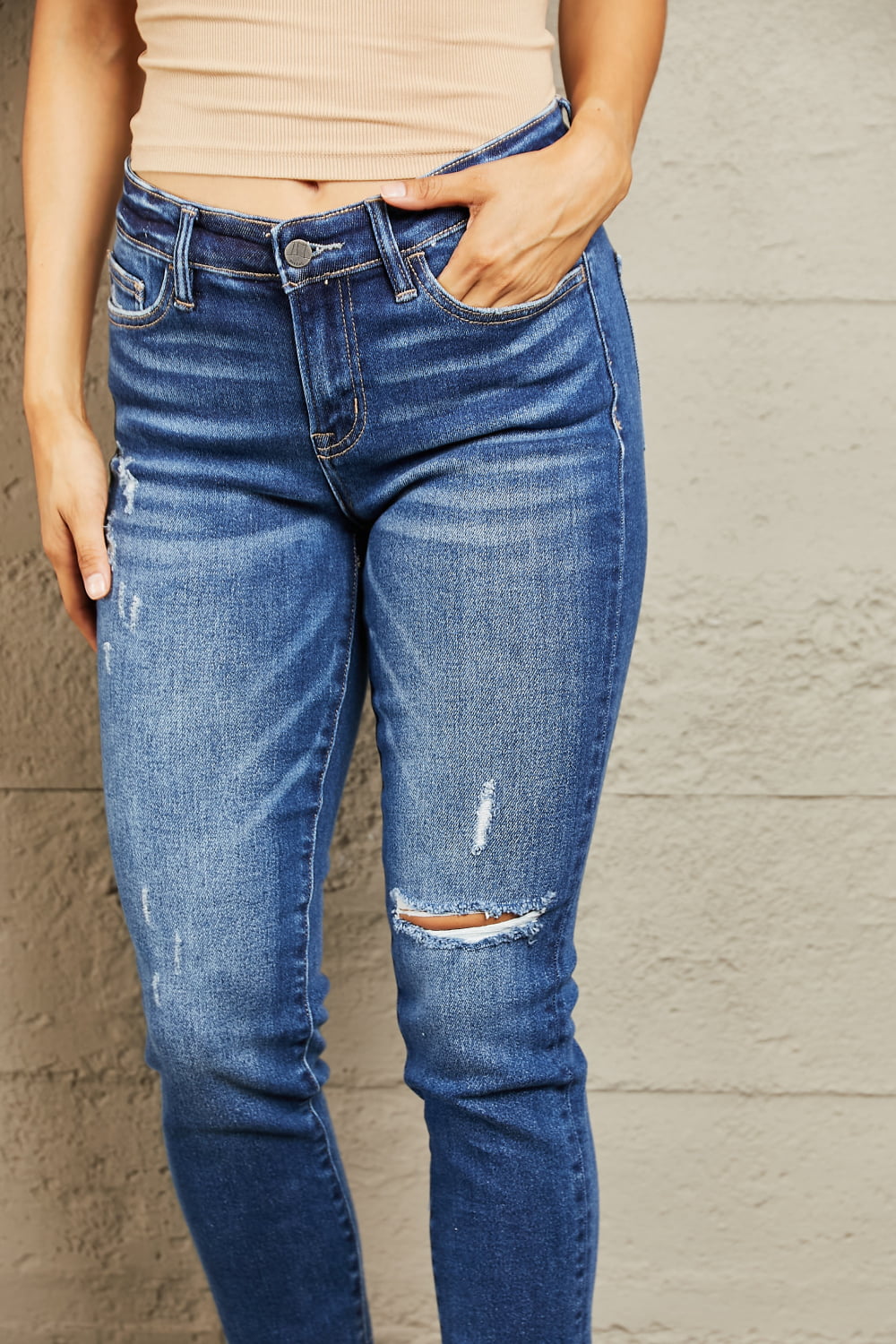BAYEAS Mid Rise Distressed Slim Jeans  - Doll Fits