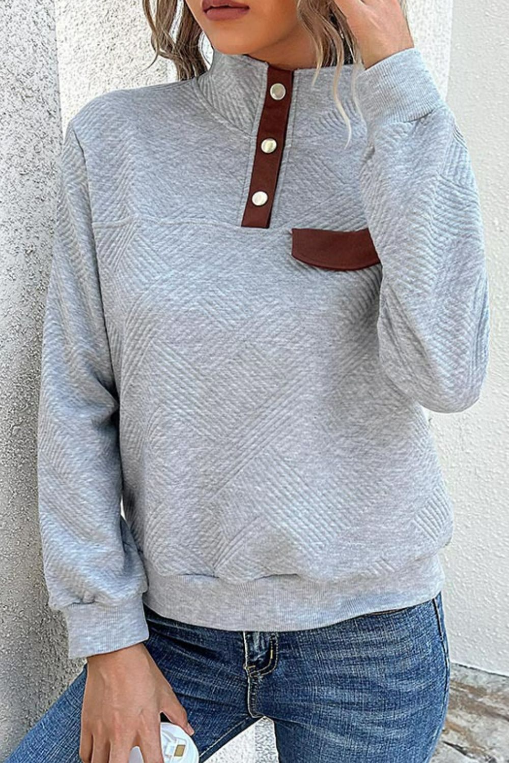 Contrast Ribbed Quarter-Snap Sweatshirt  Shirts & Tops- Doll Fits