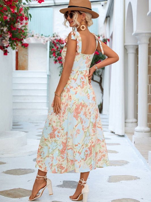 Floral Tie-Shoulder Sweetheart Neck Dress  Dresses- Doll Fits