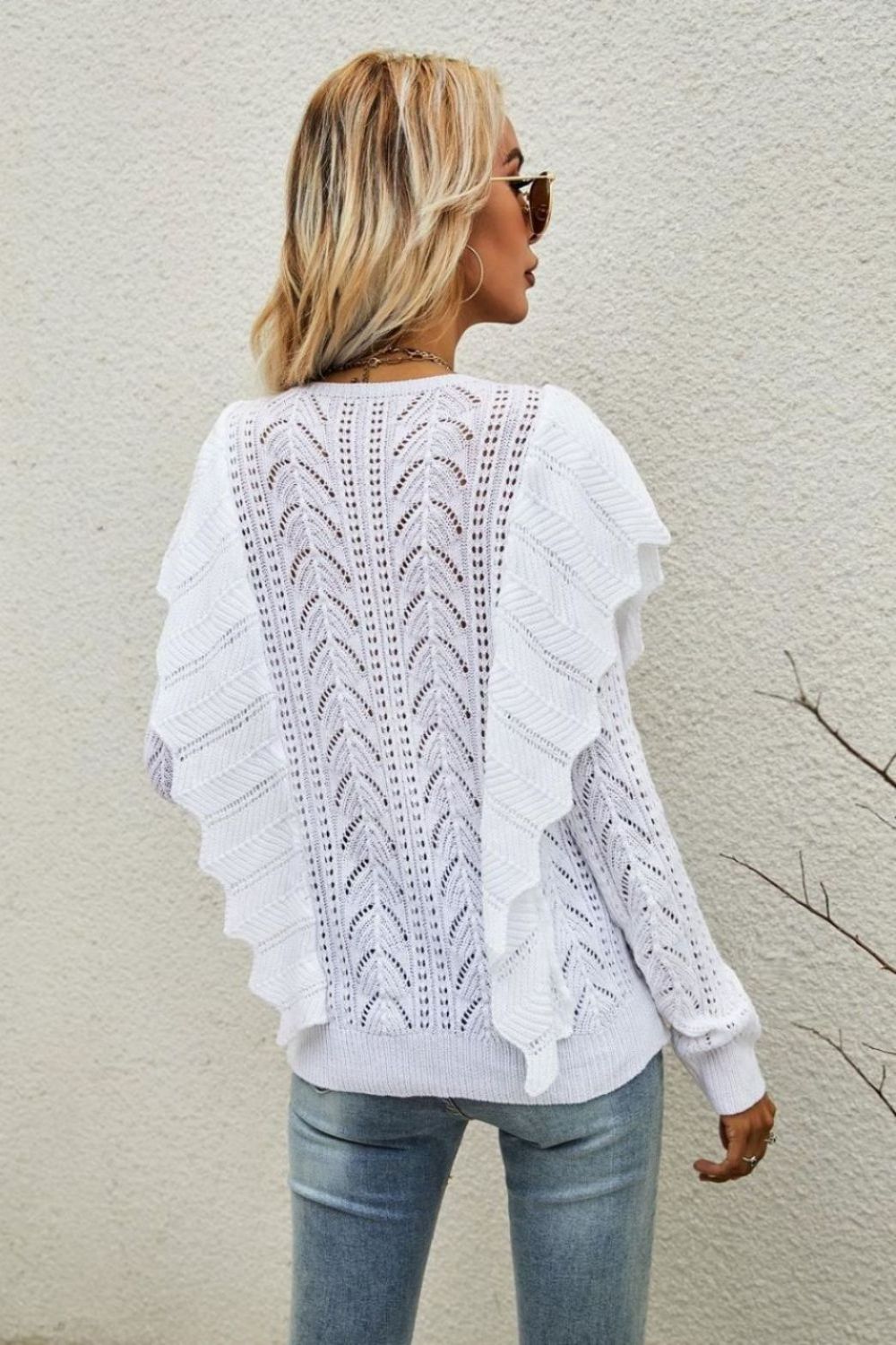 Openwork Round Neck Ruffled Sweater  Shirts & Tops- Doll Fits