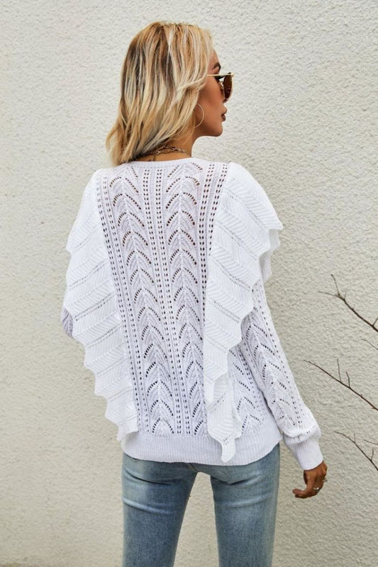 Openwork Round Neck Ruffled Sweater  Shirts & Tops- Doll Fits