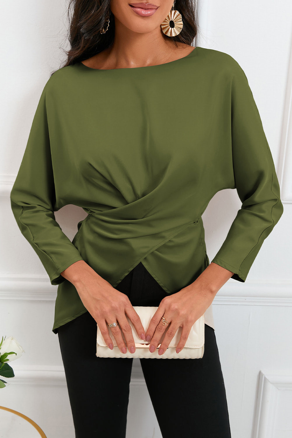 Boat Neck Back Tie Long Sleeve Satin Blouse  Shirts & Tops- Doll Fits