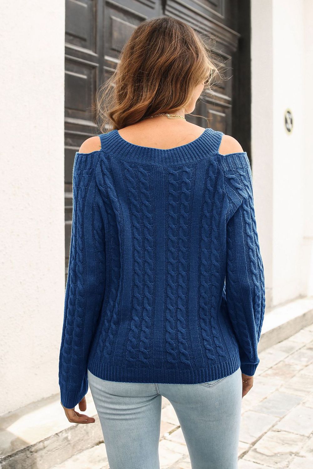 Cold Shoulder V-Neck Cable-Knit Pullover Sweater  Shirts & Tops- Doll Fits