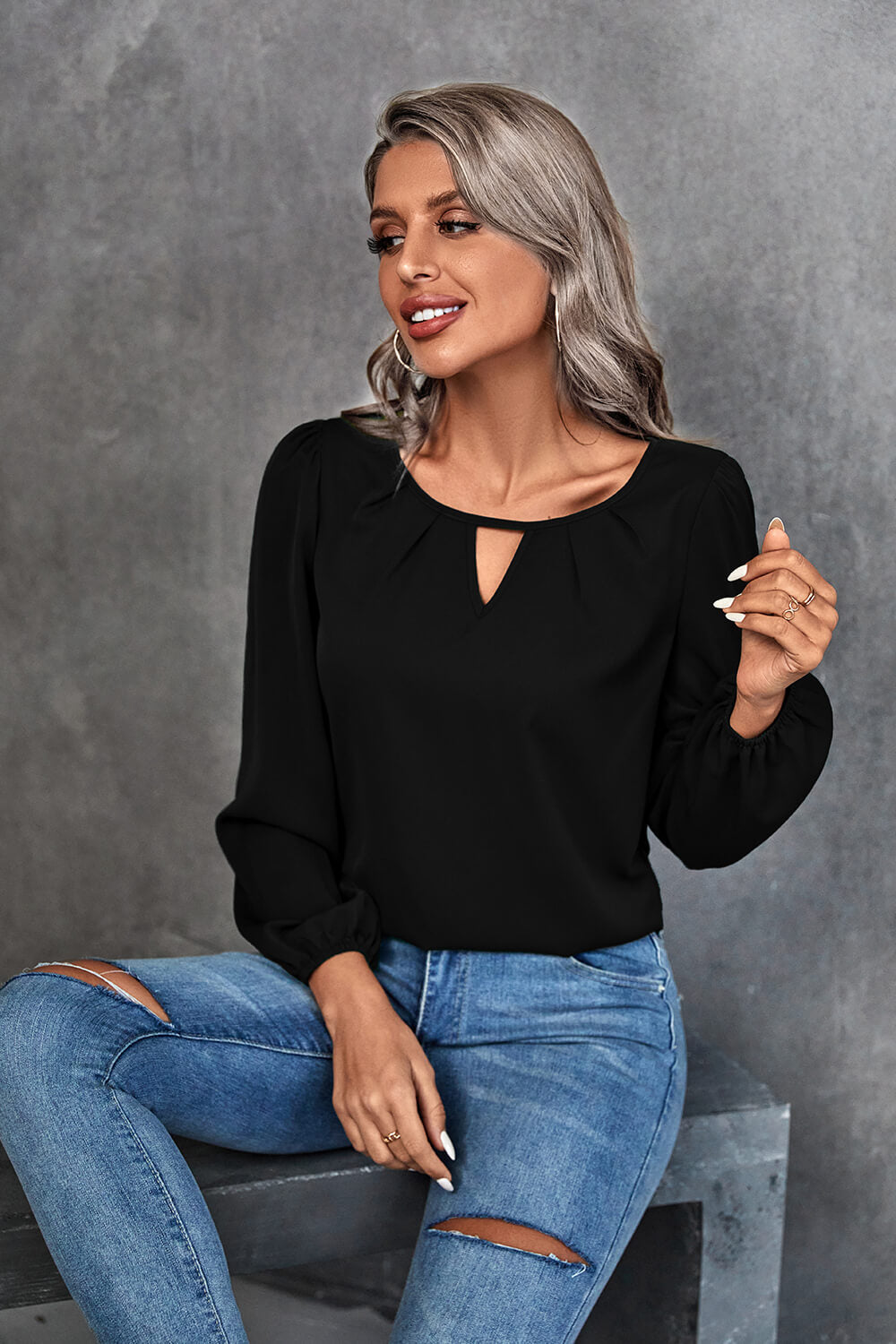 Pleated Detail Cutout Puff Sleeve Blouse  Shirts & Tops- Doll Fits