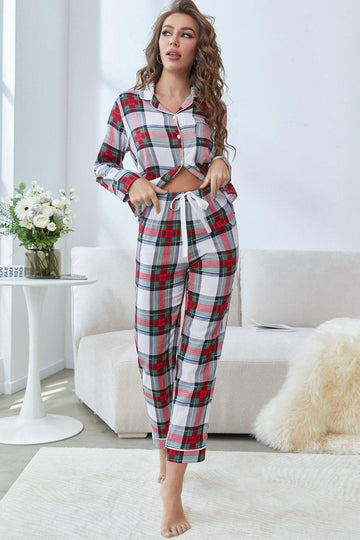 Plaid Button Front Top and Pants Lounge Set  Sleepwear & Loungewear- Doll Fits