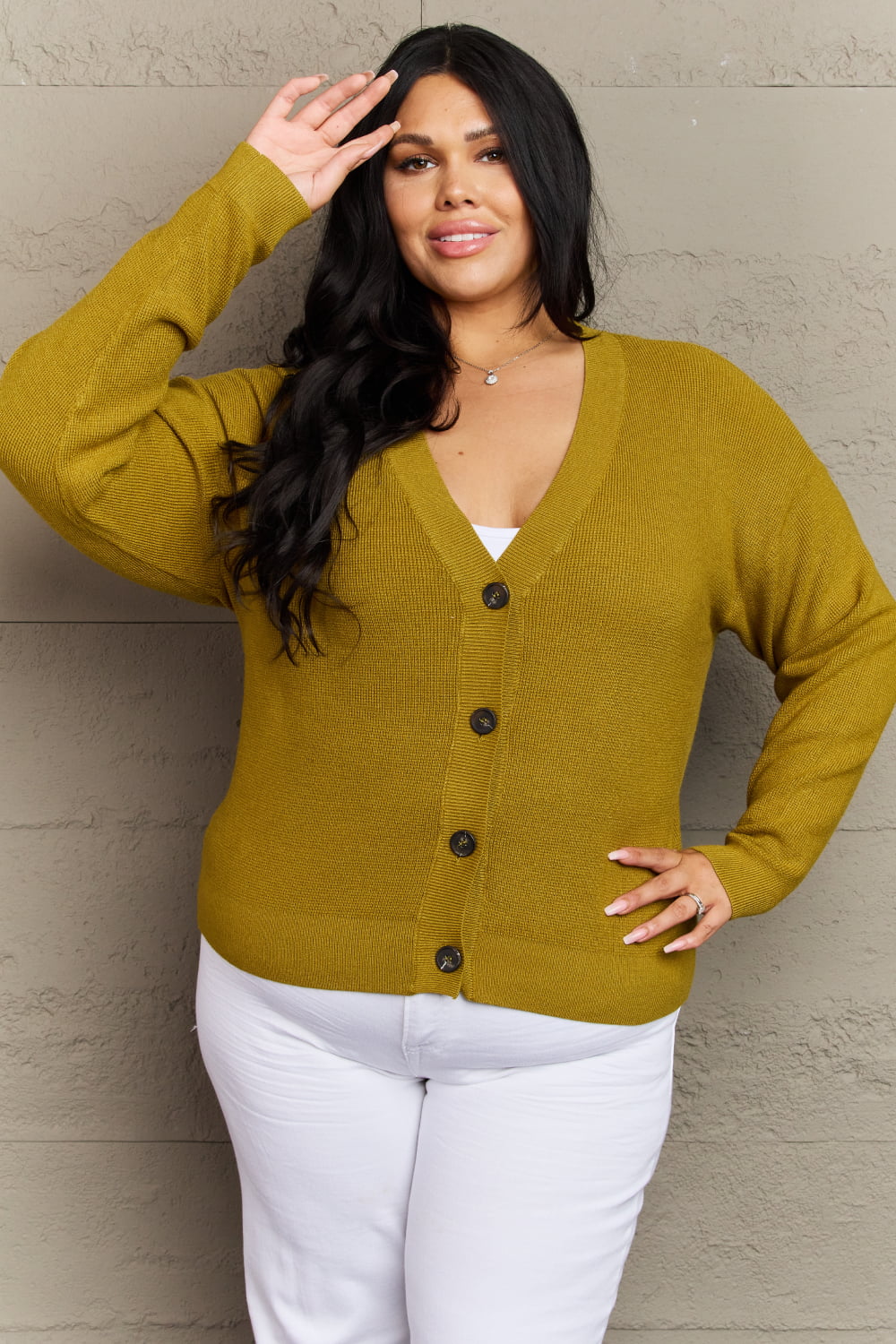 Zenana Kiss Me Tonight Full Size Button Down Cardigan in Chartreuse  - Doll Fits