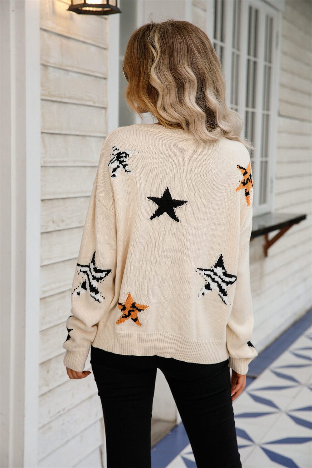 Star Pattern Round Neck Dropped Shoulder Sweater  Shirts & Tops- Doll Fits
