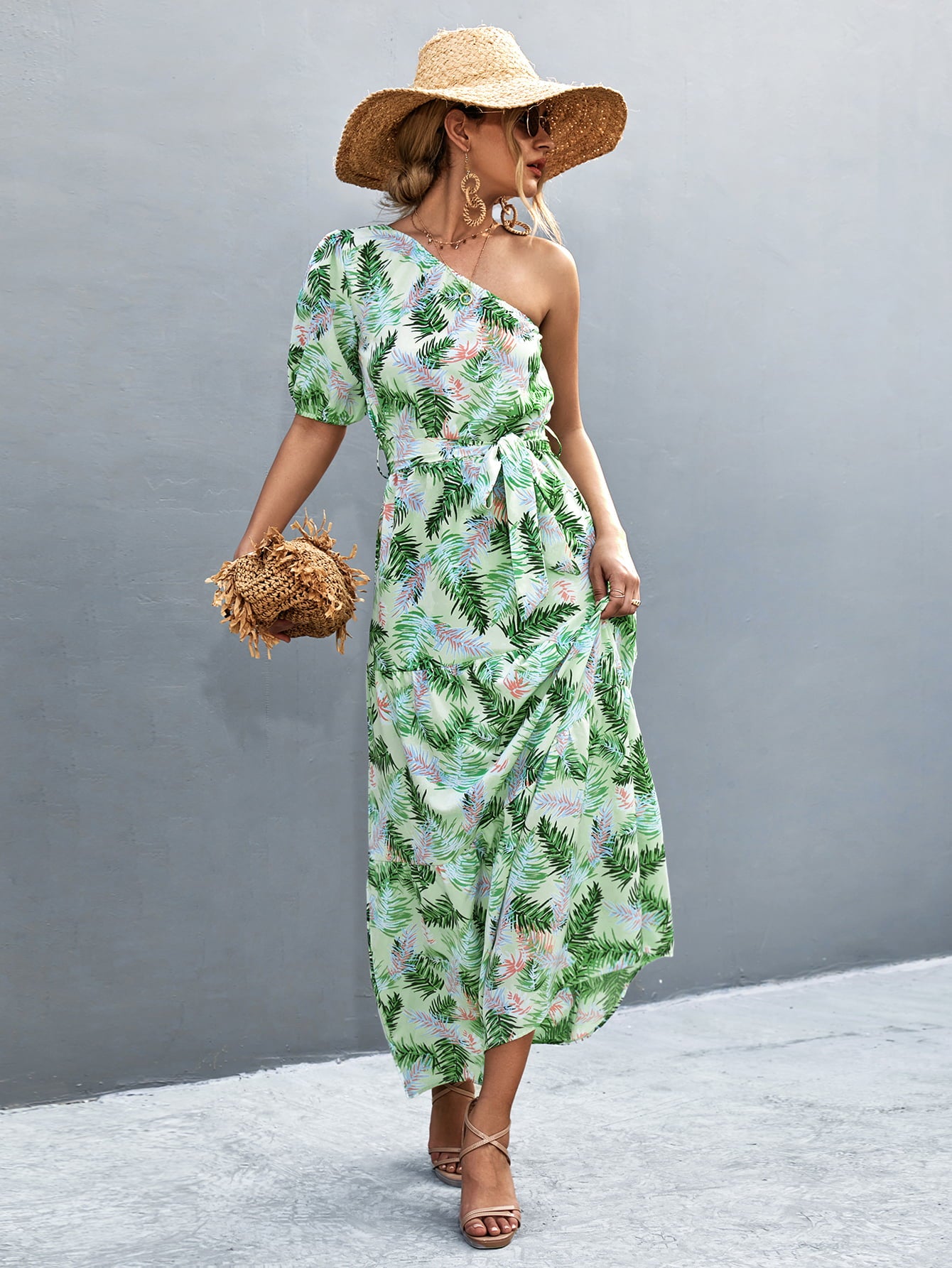 Printed Tie Waist One Shoulder Maxi Dress  Dresses- Doll Fits