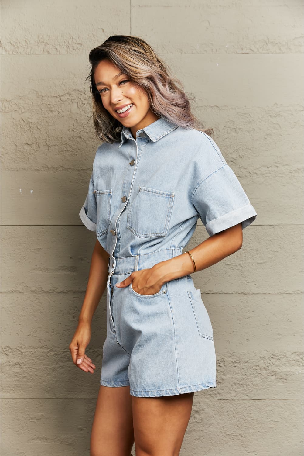 Collared Neck Denim Romper with Pockets  - Doll Fits