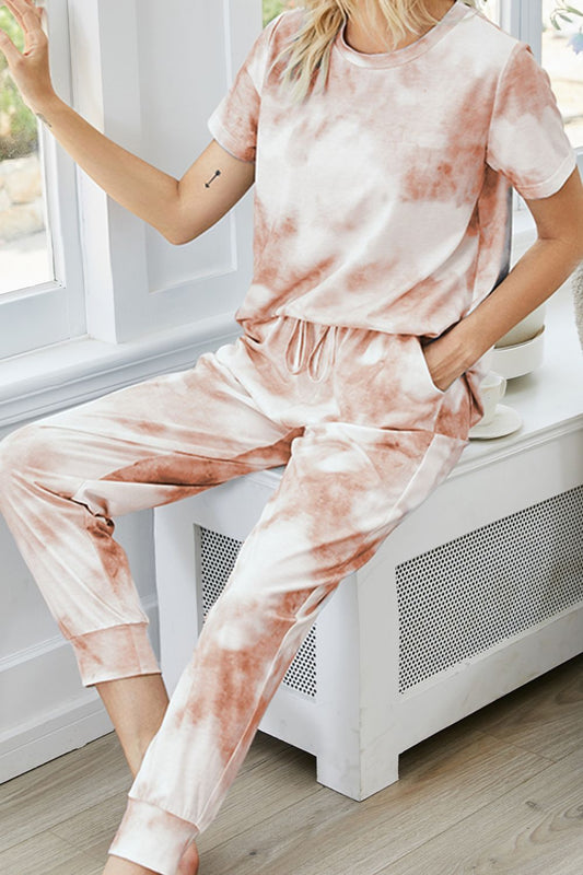 Tie-Dye Round Neck Short Sleeve Top and Pants Lounge Set  Outfit Sets- Doll Fits