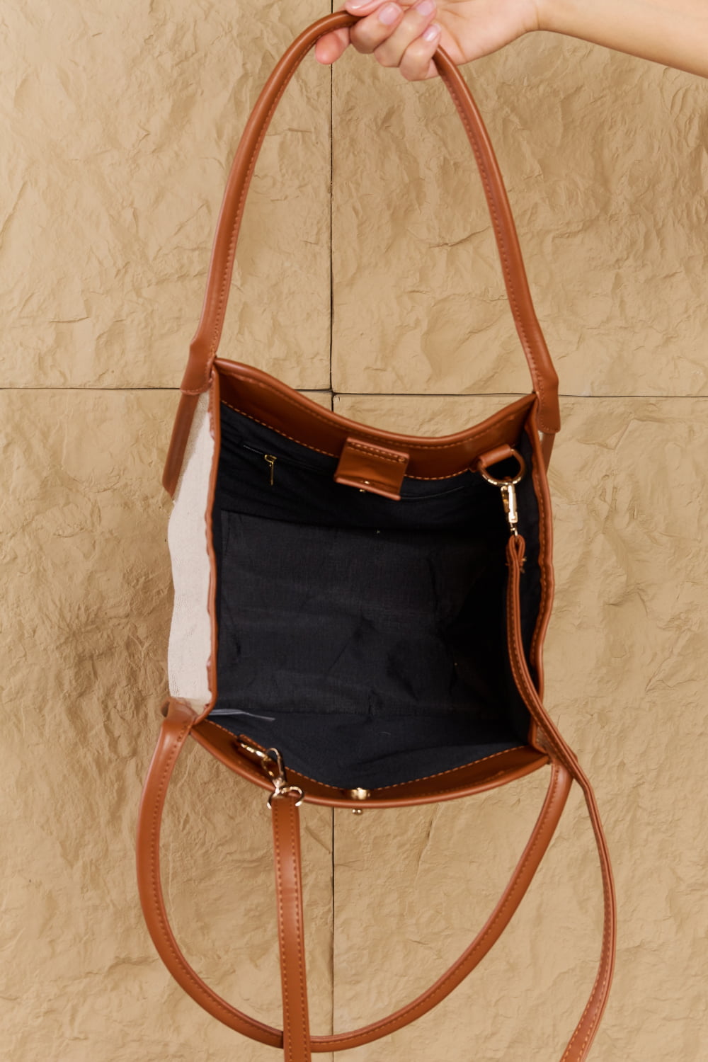 Fame Beach Chic Faux Leather Trim Tote Bag in Ochre  - Doll Fits