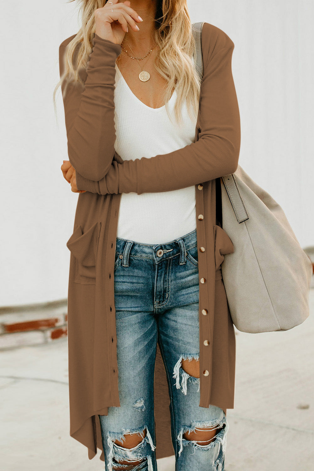 V-Neck Long Sleeve Cardigan with Pocket  - Doll Fits