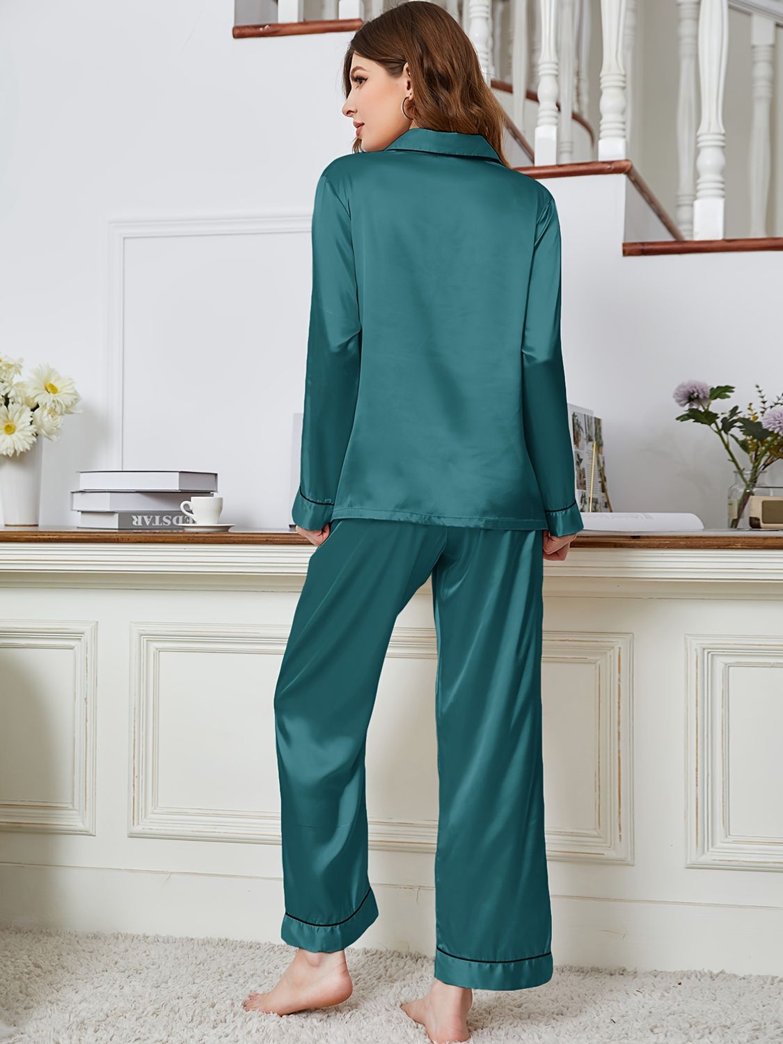 Lapel Collar Long Sleeve Top and Pants Pajama Set  - Doll Fits