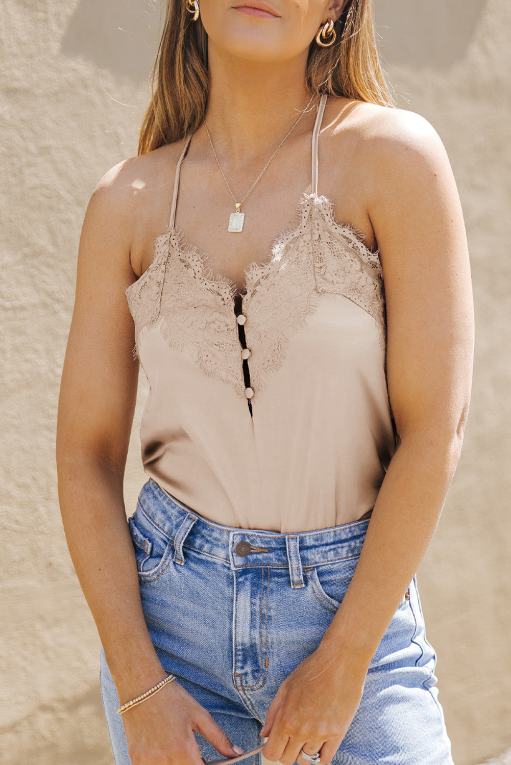Lace Trim Buttoned Spaghetti Strap Bodysuit  Shirts & Tops- Doll Fits