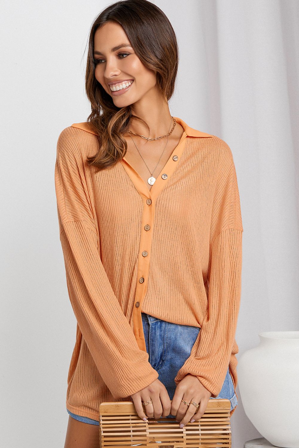 Button Front Dropped Shoulder Knit Shirt  Shirts & Tops- Doll Fits