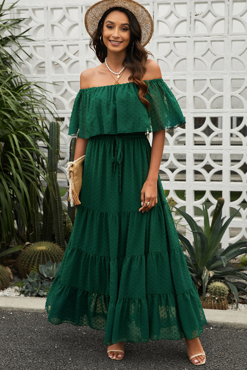 Swiss Dot Off-Shoulder Tiered Maxi Dress  Dresses- Doll Fits