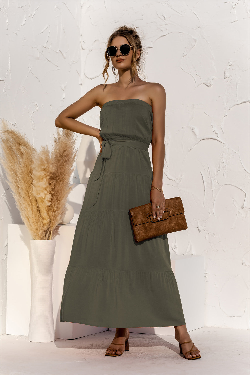 Strapless Tie Waist Tiered Maxi Dress  Dresses- Doll Fits