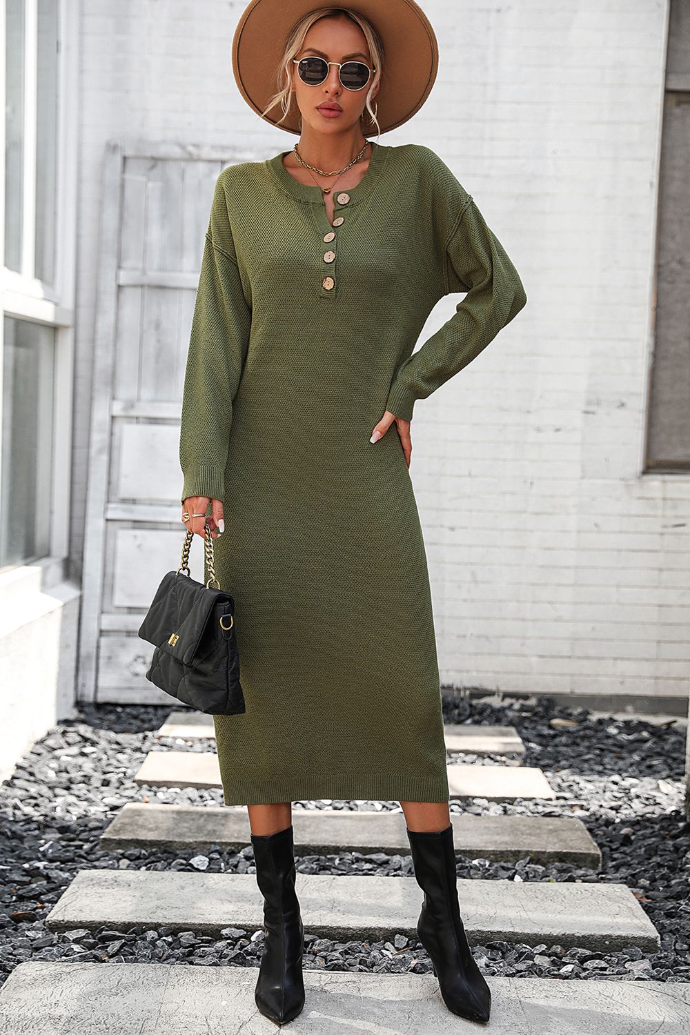 Notched Neck Dropped Shoulder Button-Down Midi Dress  Dresses- Doll Fits