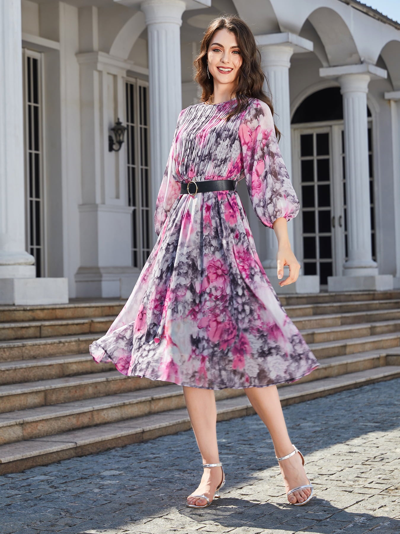 Floral Print Round Neck Balloon Sleeve Midi Dress  Dresses- Doll Fits