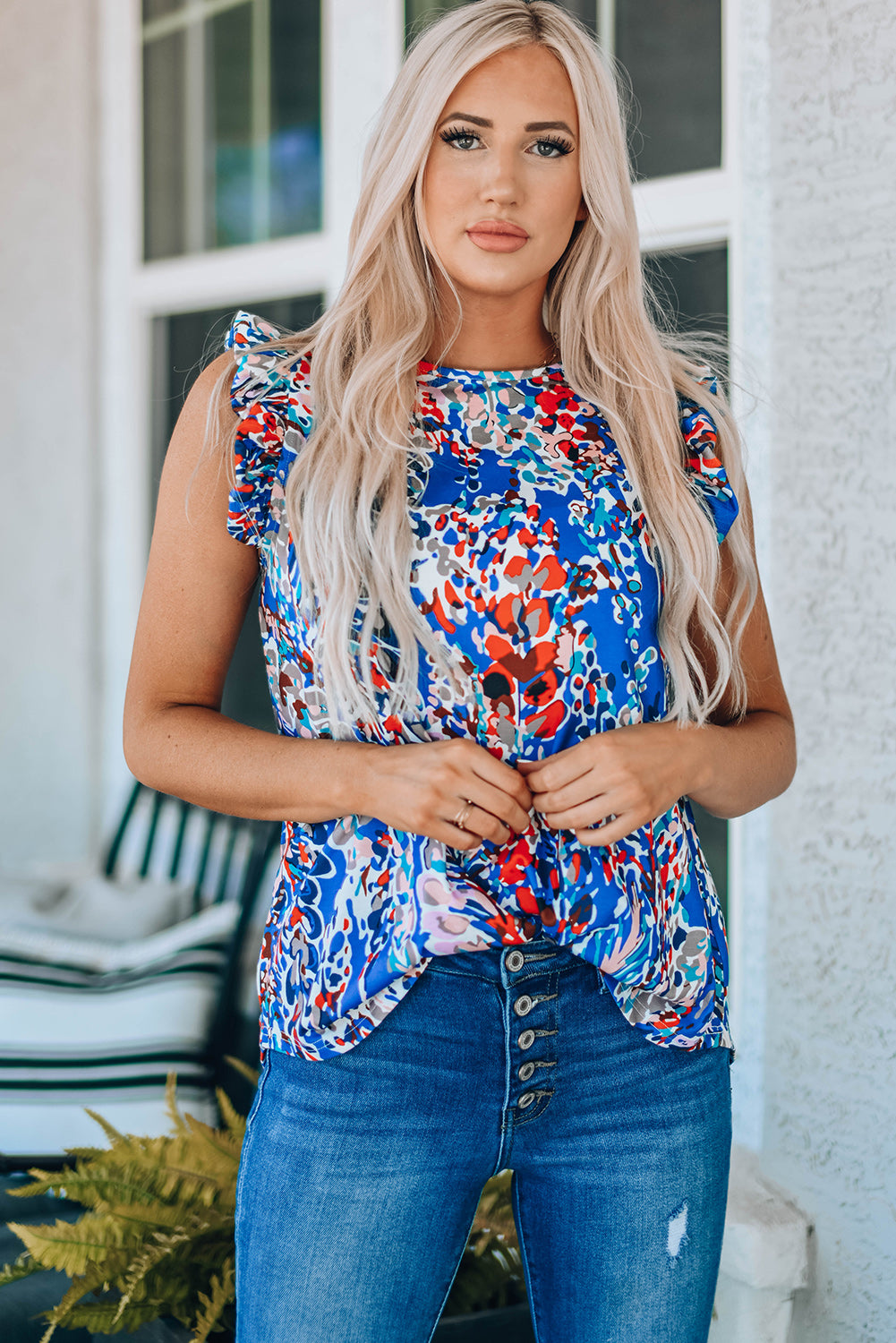 Abstract Print Ruffle Shoulder Top  Shirts & Tops- Doll Fits