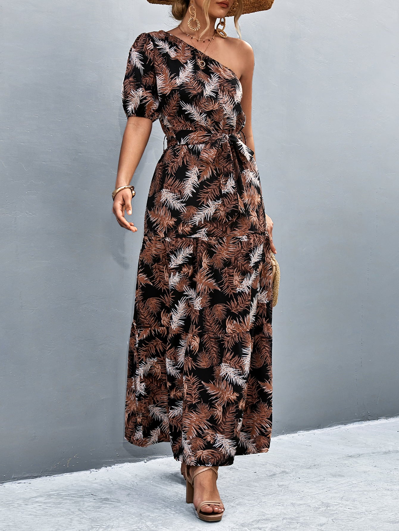 Printed Tie Waist One Shoulder Maxi Dress  Dresses- Doll Fits