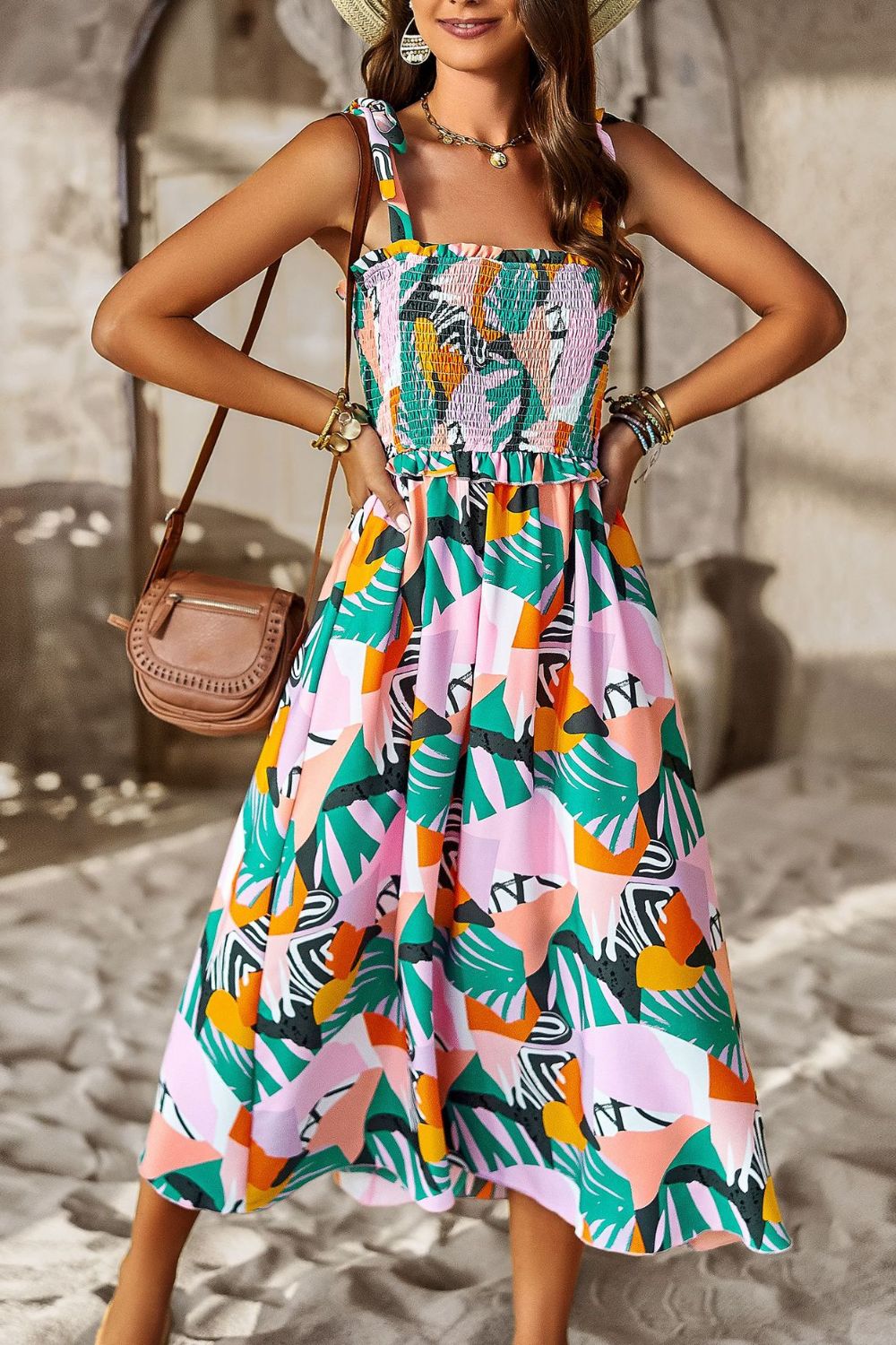 Printed Smocked Tie Shoulder Dress  Dresses- Doll Fits