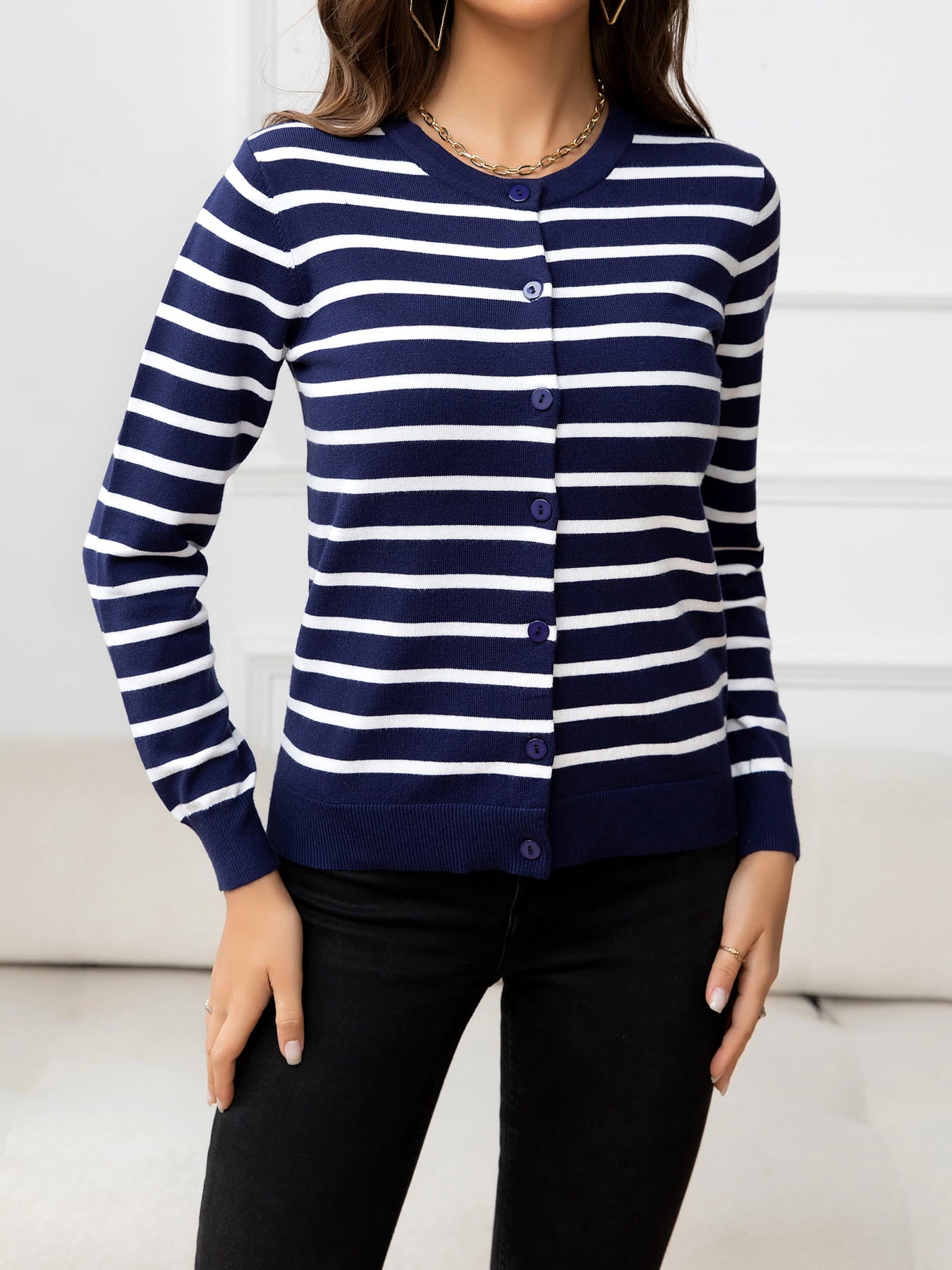 Striped Round Neck Long Sleeve Buttoned Knit Top  Shirts & Tops- Doll Fits