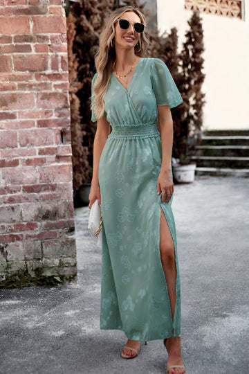 Floral Print V-Neck Smocked Waist High Slit Maxi Dress  Dresses- Doll Fits