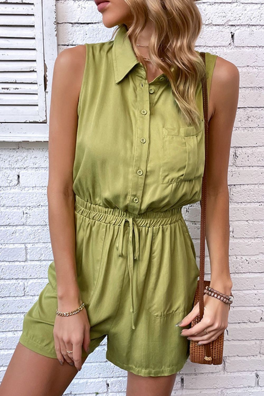 Collared Neck Sleeveless Romper with Pockets  Jumpsuits & Rompers- Doll Fits