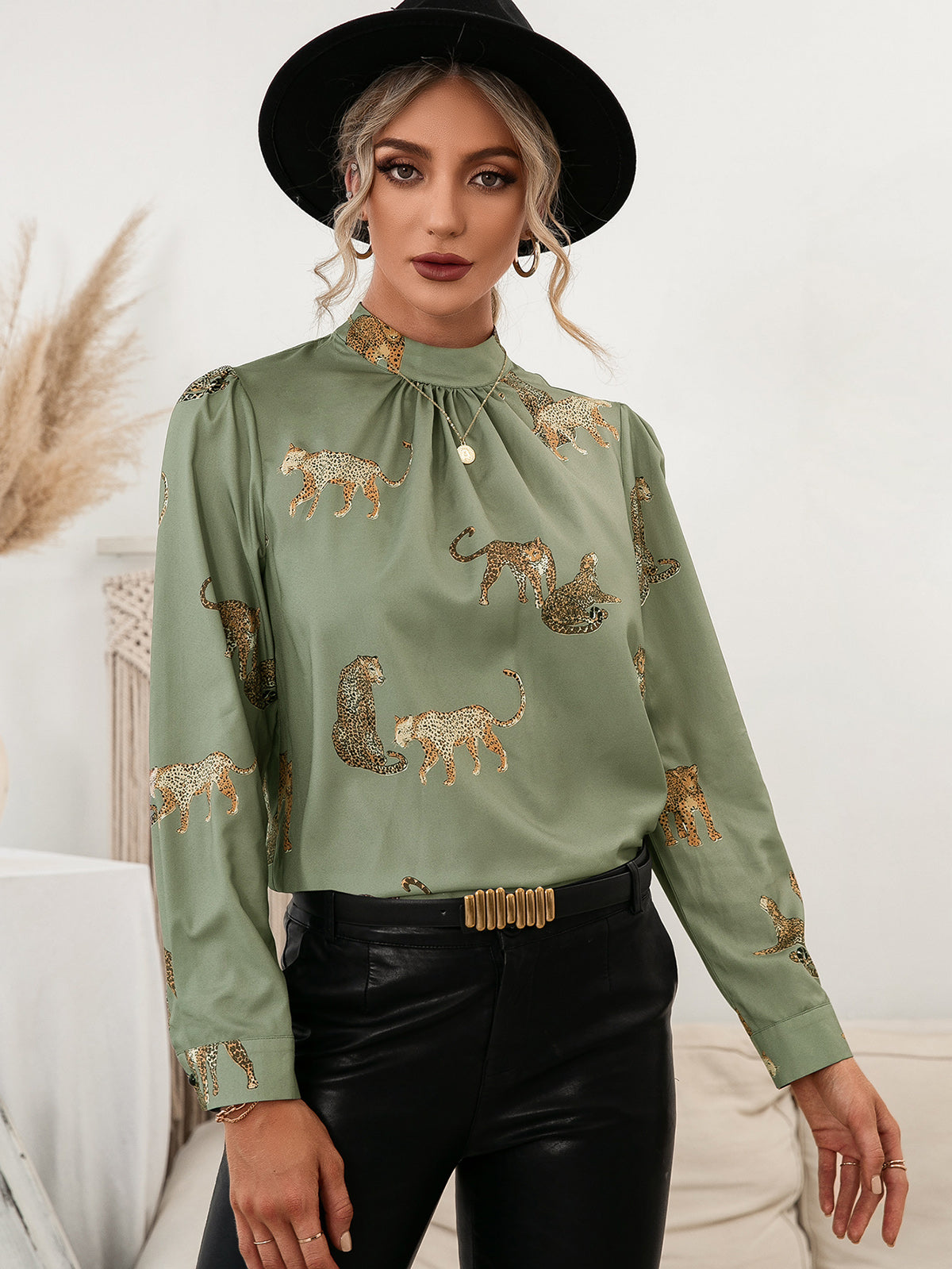 Leopard Graphic Mock Neck Puff Sleeve Blouse  Shirts & Tops- Doll Fits