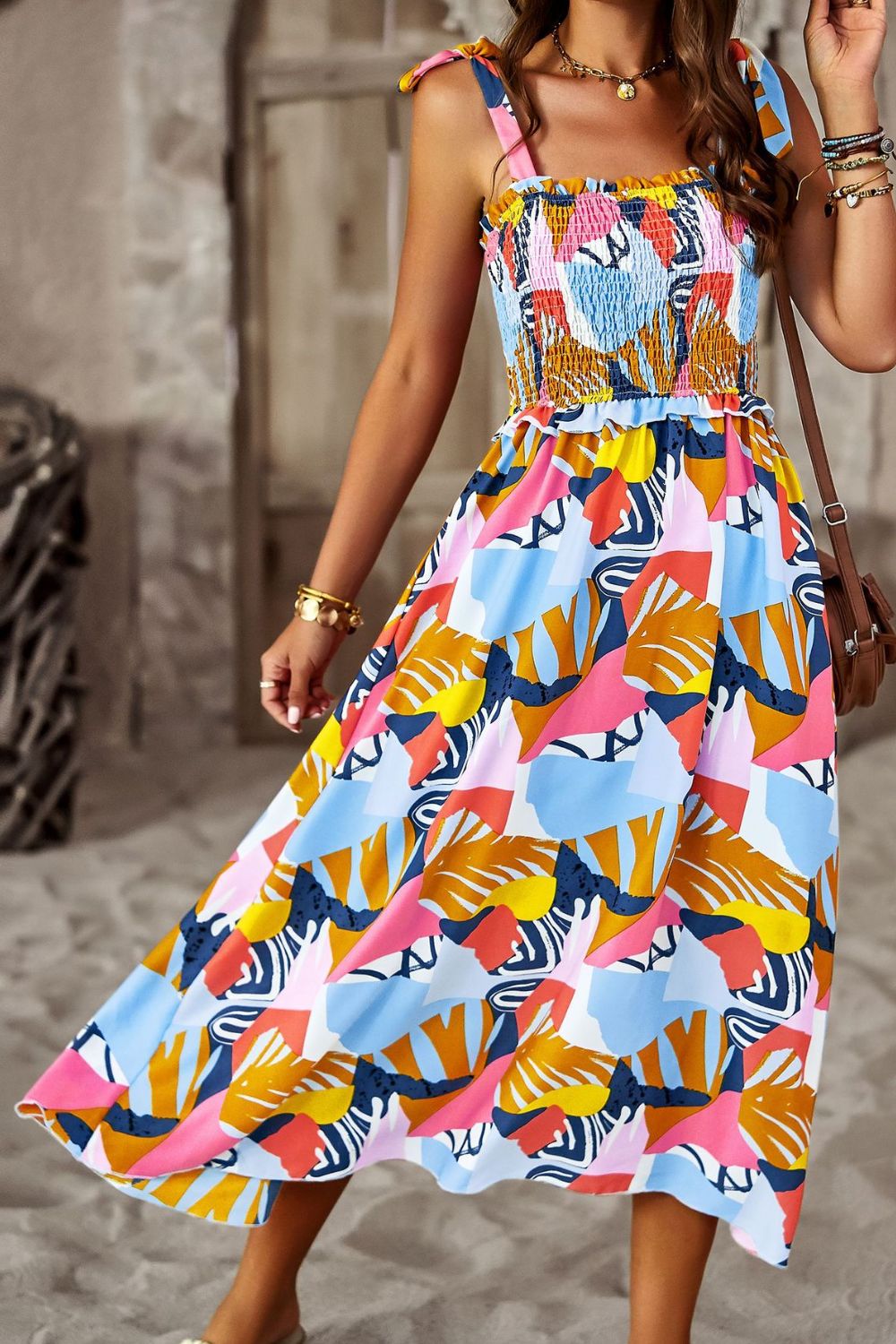 Printed Smocked Tie Shoulder Dress  Dresses- Doll Fits