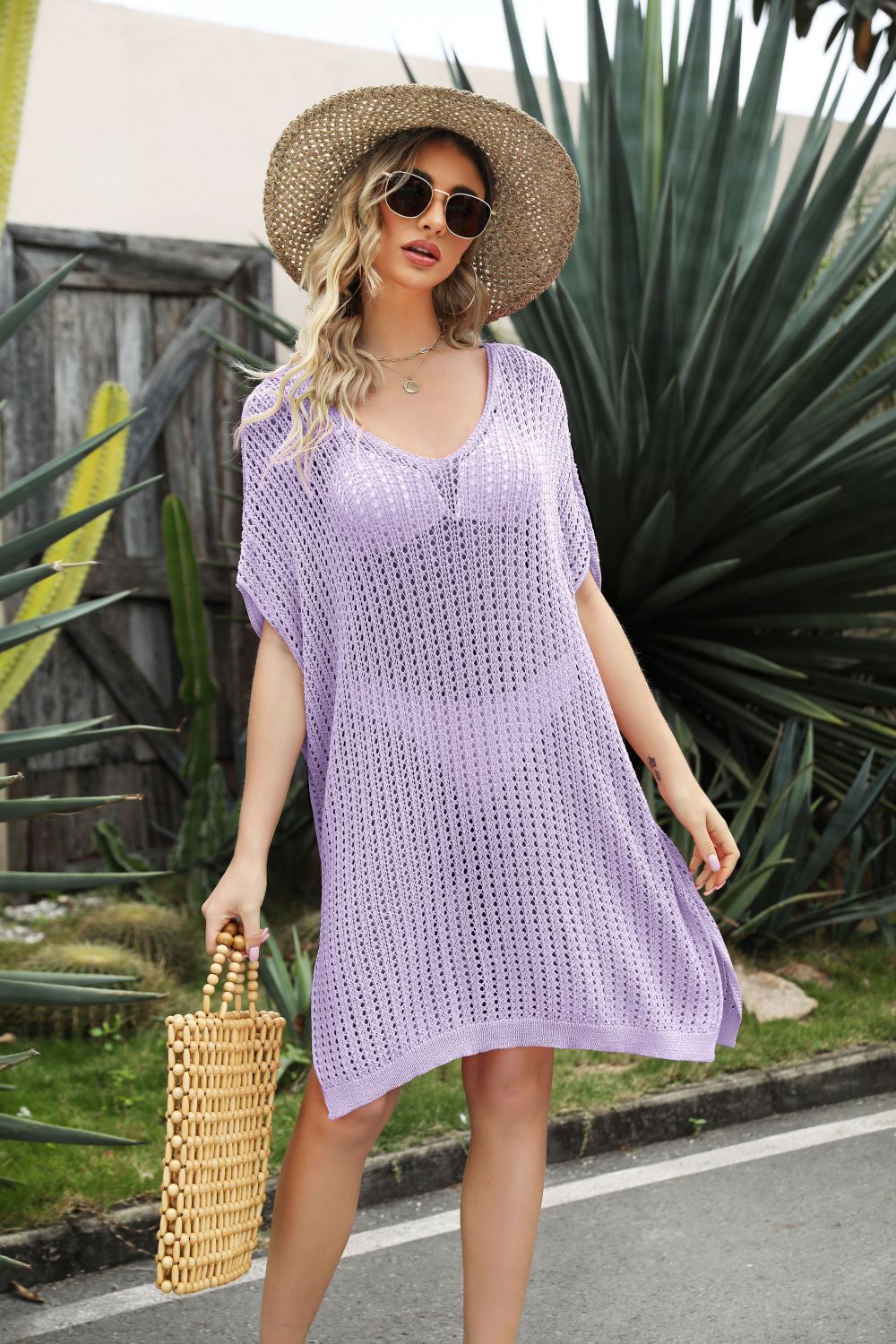 Openwork Side Slit Cover-Up Dress  Swimwear- Doll Fits