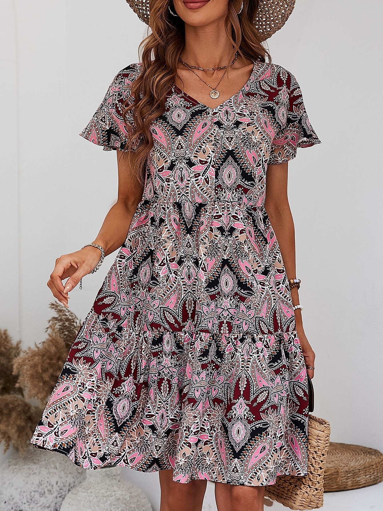 Printed V-Neck Tiered Dress  Dresses- Doll Fits