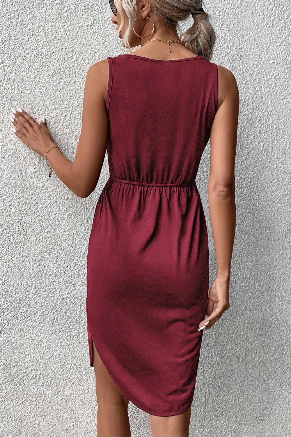 V-Neck Curved Hem Sleeveless Dress  Dresses- Doll Fits