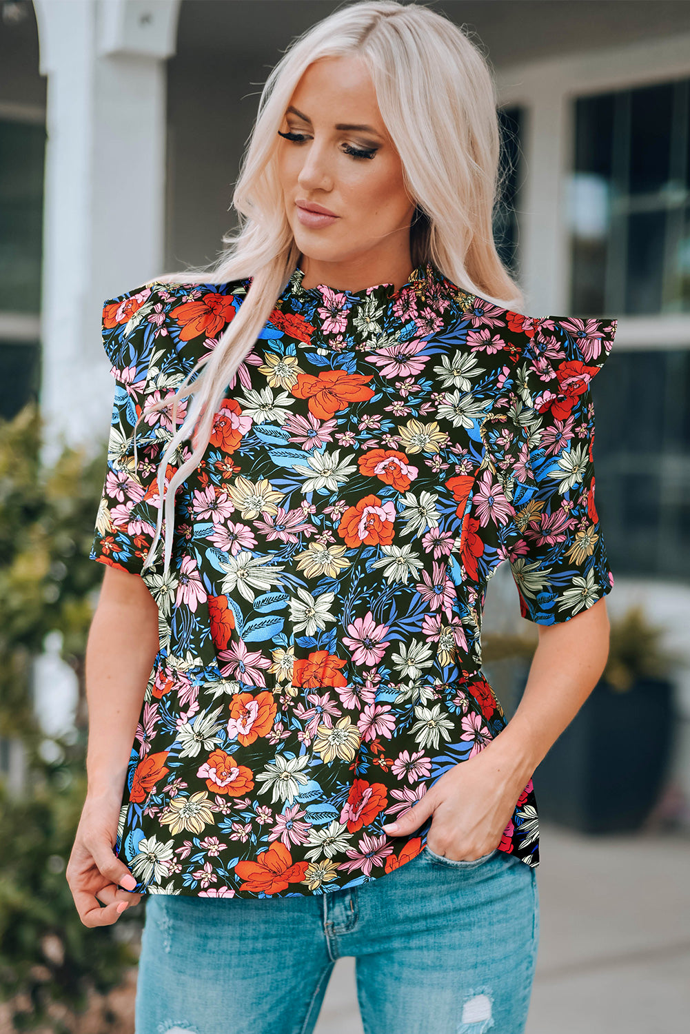 Floral Ruffle Shoulder Frill Neck Blouse  Shirts & Tops- Doll Fits