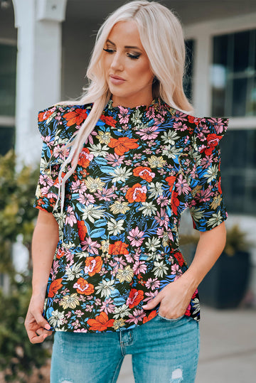 Floral Ruffle Shoulder Frill Neck Blouse  Shirts & Tops- Doll Fits