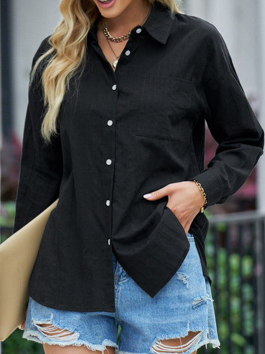 Textured Side Slit Long Sleeve Shirt  Shirts & Tops- Doll Fits